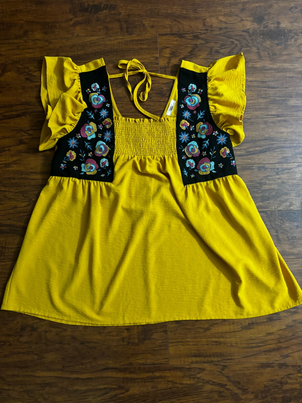 ODDY Embroidered Floral Blouse Mustard Yellow Smocked Top Gold Flutter Sleeves